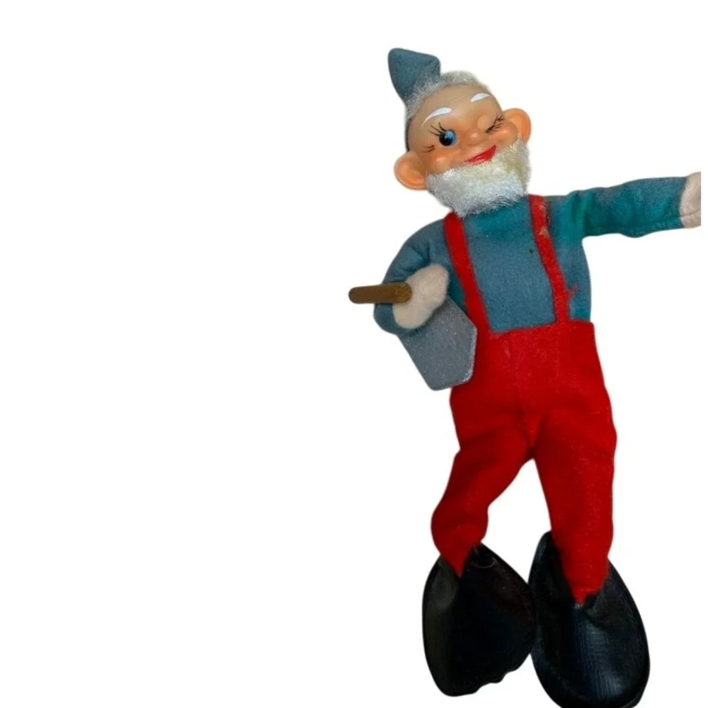 Vintage Whimsical Elf Figurine Red Overalls GR Shirt Winking Holding Trowel Tool